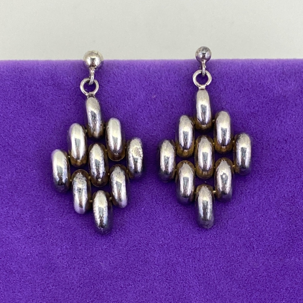 💛 Vintage Sterling Silver Bead Diamond Drop Earrings | Artisanal